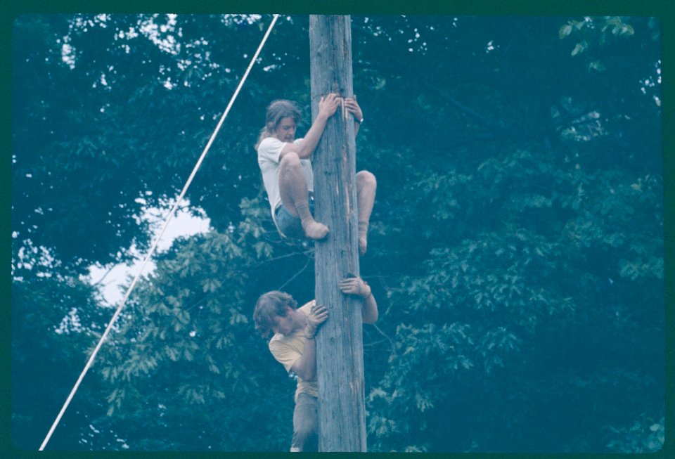 Mark Lankton, Dave Burland on Power pole 1973